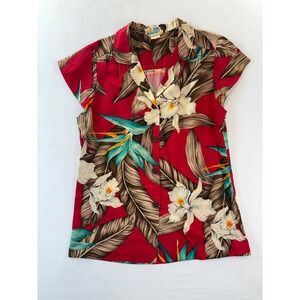 Vintage Andrade Honolulu Hawaiian Shirt Red Tropical Floral Cap Sleeve HI Made
